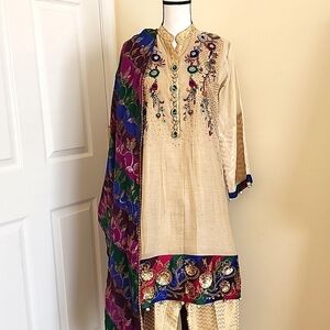 Ohm Couture by Imran Mahmood 3pc Kurta Pant Shawl Suit Embroidered Gems Pearls M